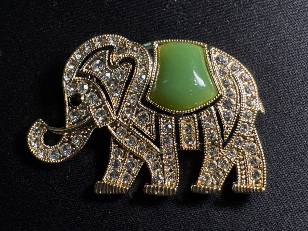 Vintage Monet Gold Tone Rhinestone and Faux Jade Elephant Brooch